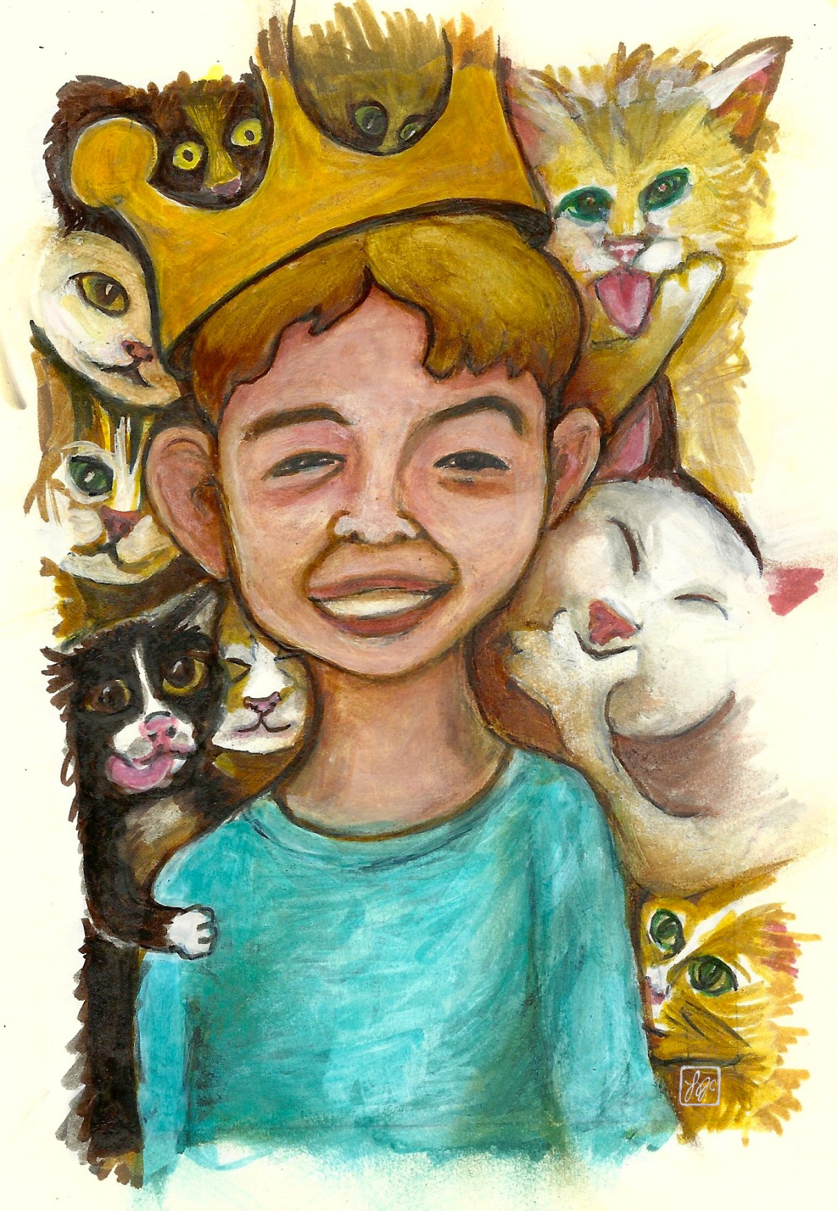 illustration of a boy wearing a crown, surrounded by cats