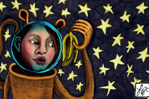 illustration of a girl in a space helmet with ears and a tail holding a banana peel