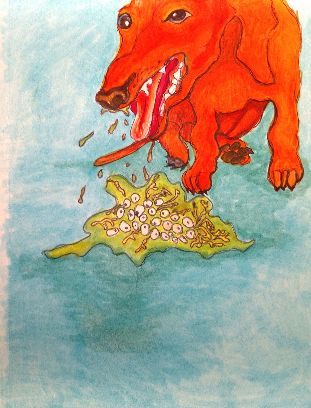 illustration of a dachshund throwing up a pile of legs and eyes