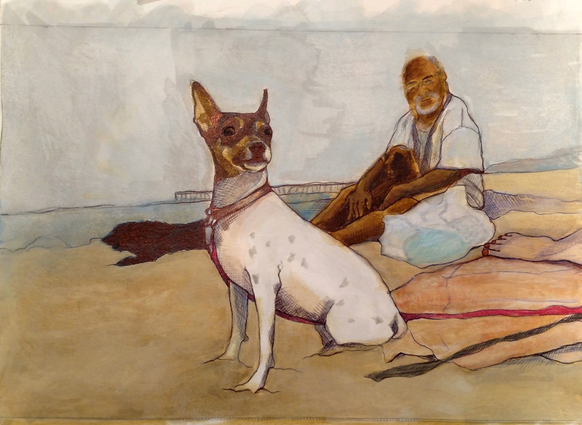 illustration of a toy fox terrier with a man holding another dog and a woman's foot peeking in on the beach