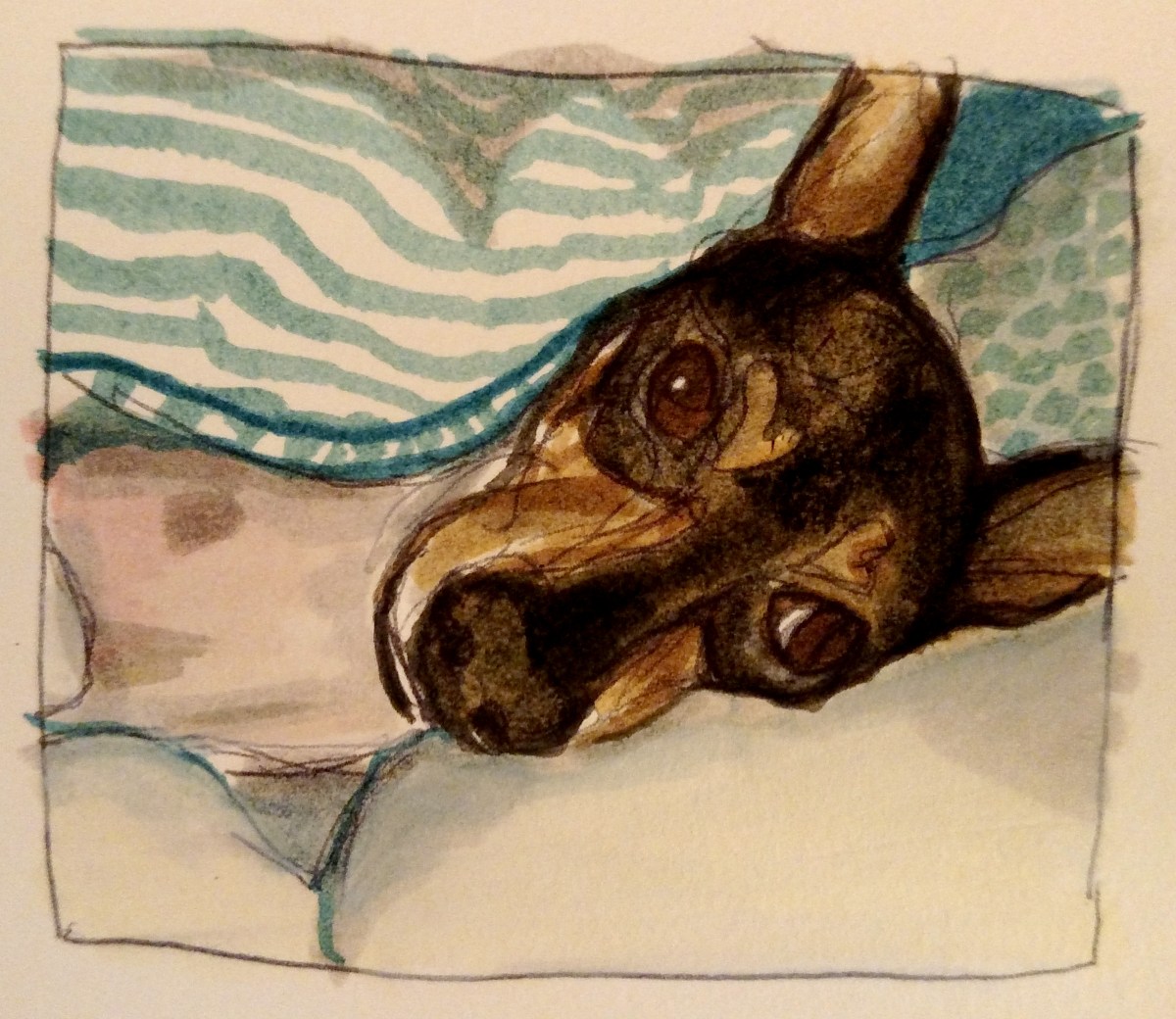 illustration of a toy fox terrier dog under a green striped blanket
