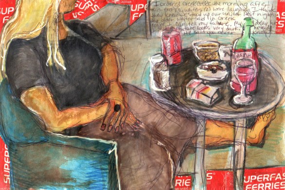 image of a woman at a table with soda, wine and cigarettes in a cafe