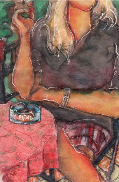 illustration of a woman smoking a cigarette in a cafe