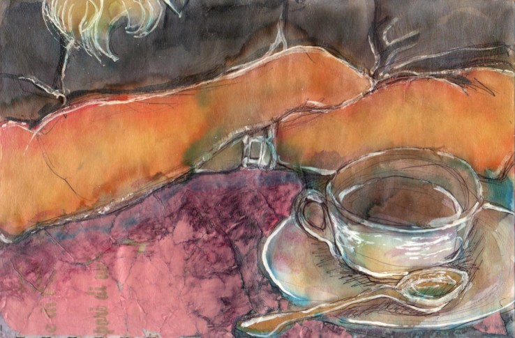 illustration of a woman drinking coffee in a cafe