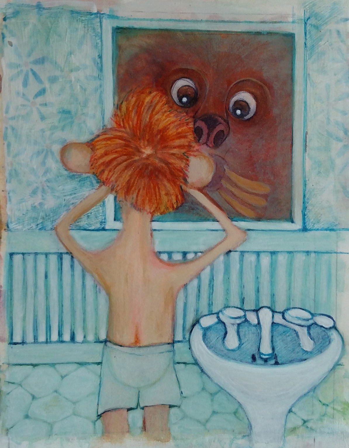 Illustration of a boy looking into a mirror. His reflection is the face of a giant porcupine..