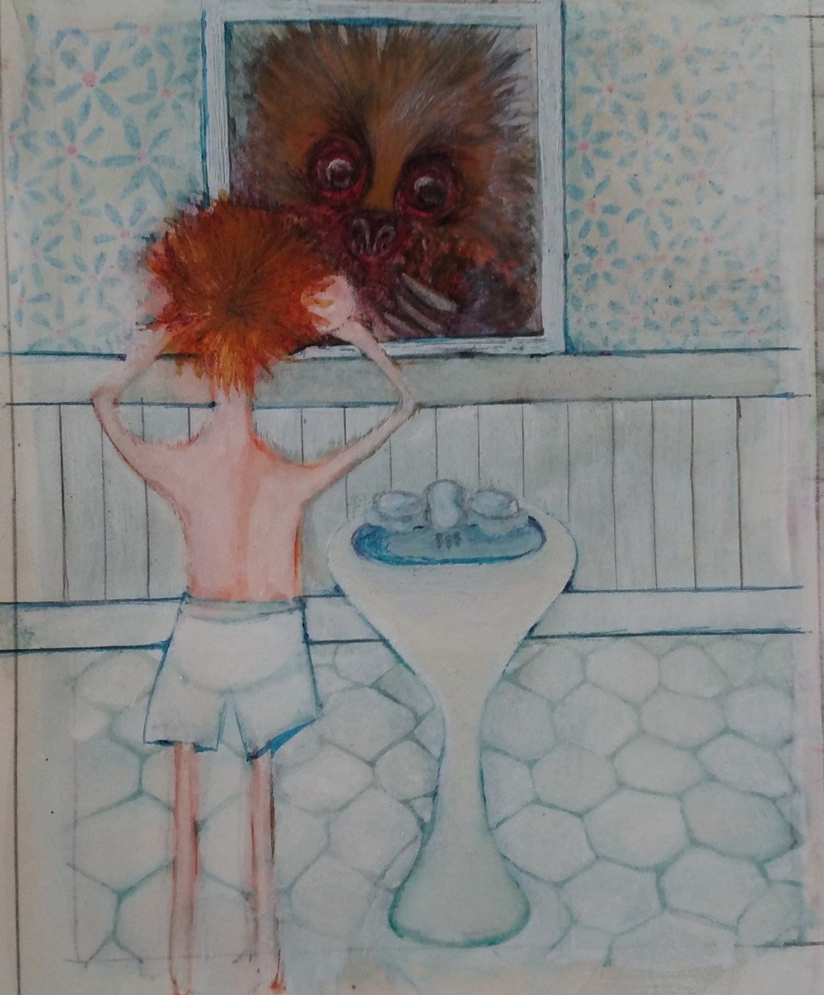 Illustration of a boy looking into a mirror. His reflection is the face of a giant porcupine..