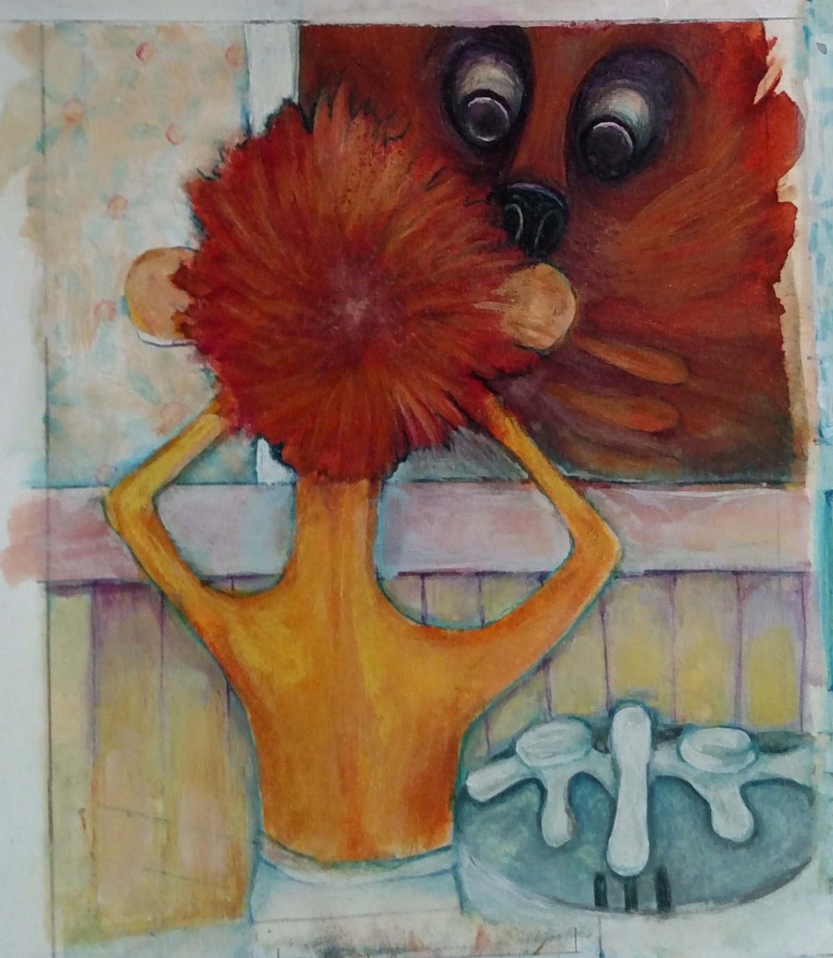 Illustration of a boy looking into a mirror. His reflection is the face of a giant porcupine..